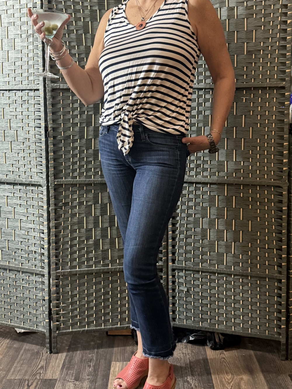 Green Envelope White and Navy Striped Tie-Front Tank Top